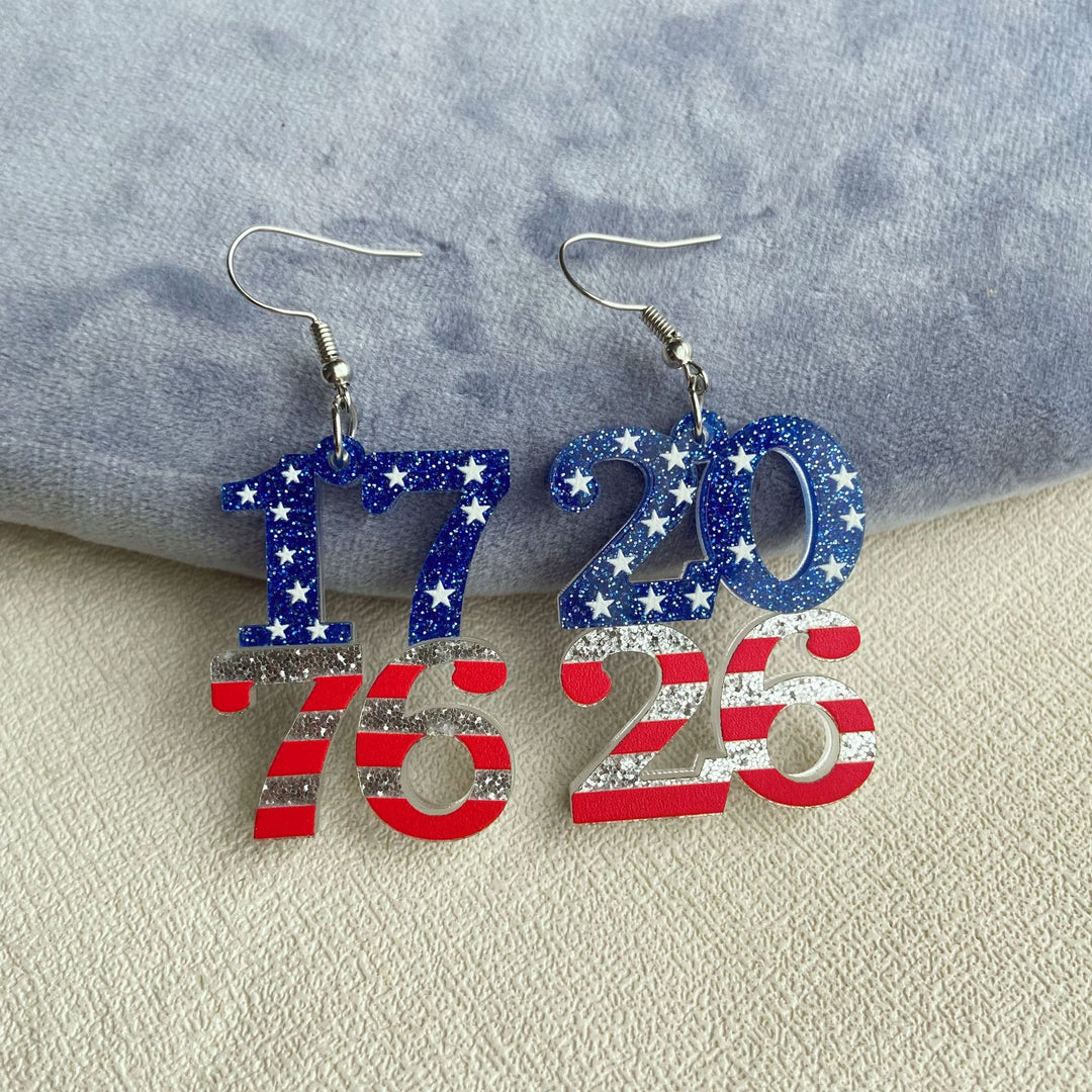 Women's dangling number earrings made of acrylic with glitter and star design and fish hook Bowlift