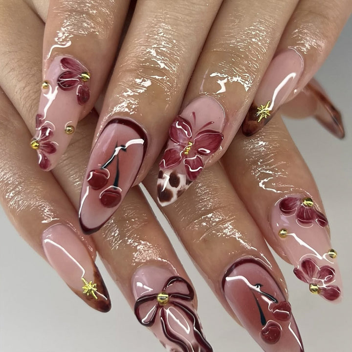 Artful Nail Extensions with Floral Accents Bowlift