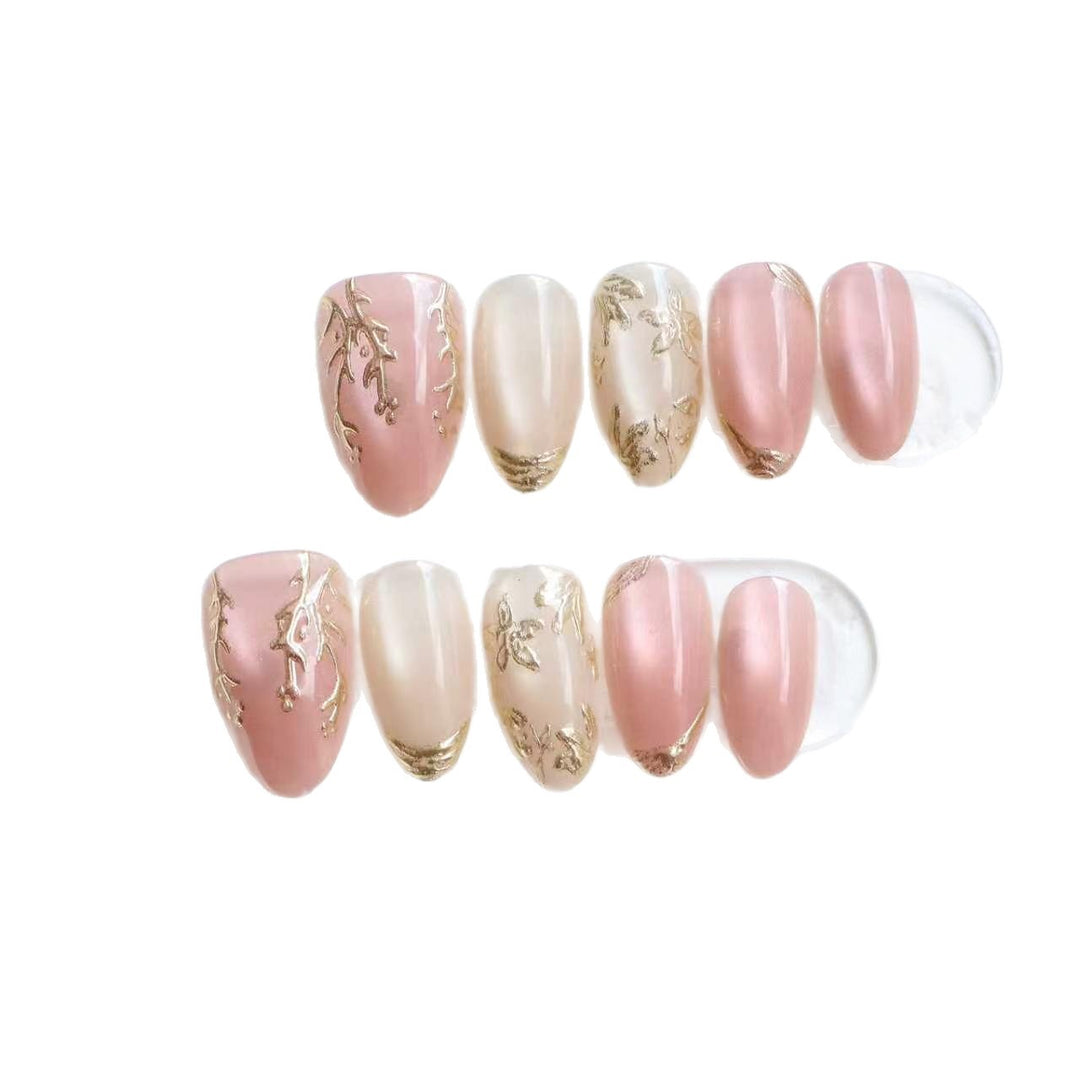 Elegant Press-On Nail Art Set with Gold Leaf Accents Bowlift
