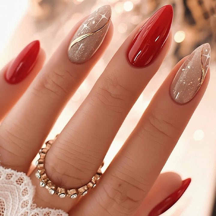 Artificial nail set with shiny red surface and stylish accents Bowlift