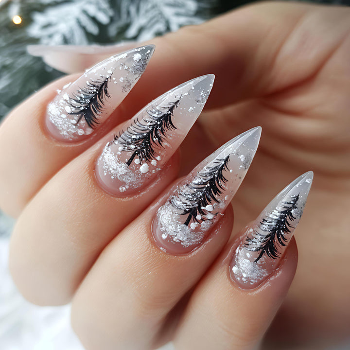 Elegant artificial nails with wintery Christmas tree motif Bowlift
