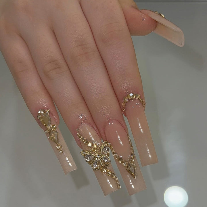 Decorative Press-On Nail Set with Rhinestone Embellishments Bowlift