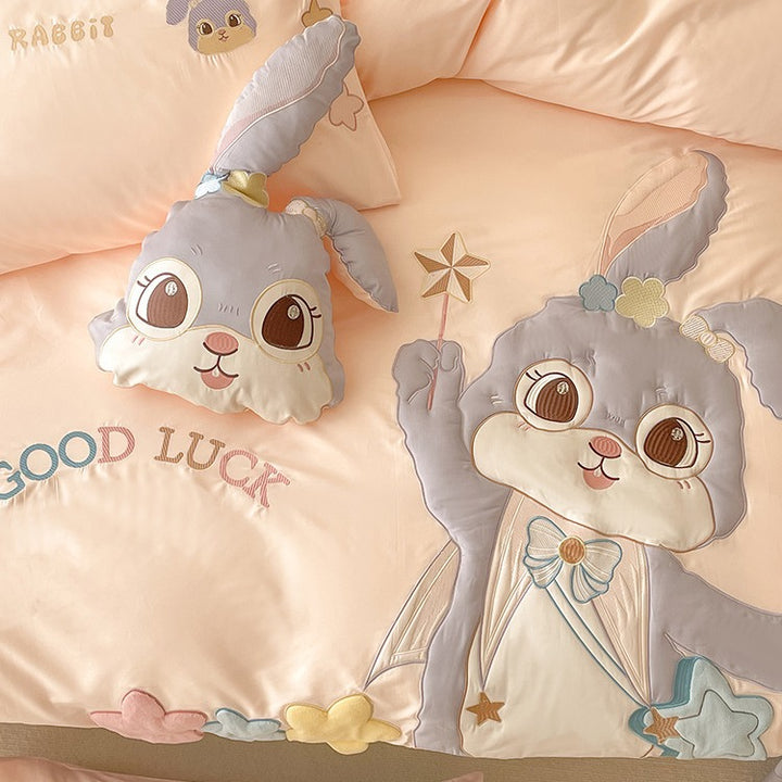 Luxurious cotton bedding set with embroidered cuddle rabbit motif