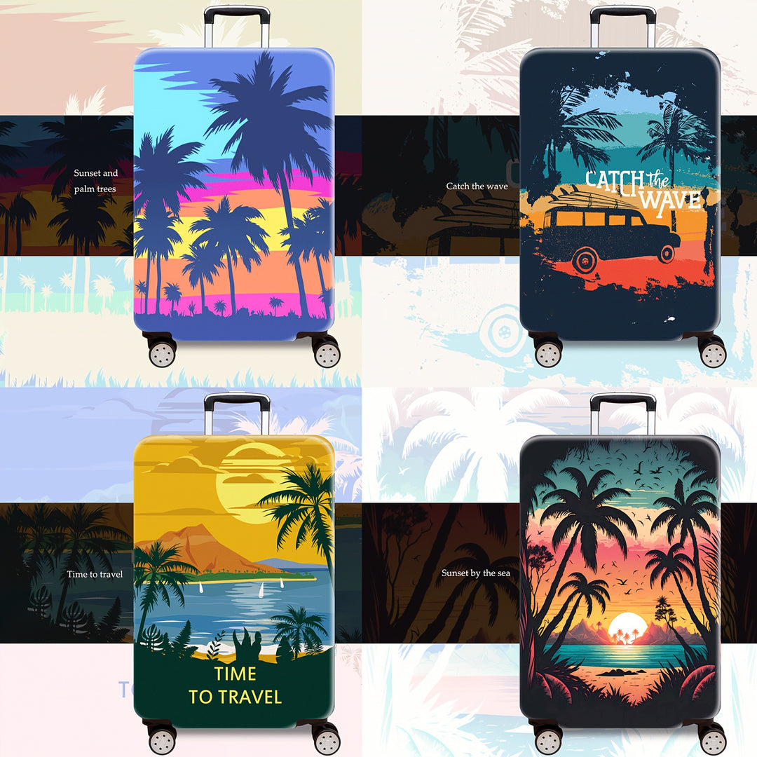 Unisex hard shell trolley printed with tropical sunset design, four wheels, expandable and lightweight, integrated combination lock Bowlift