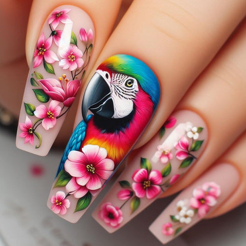 Exquisite Artificial Nails with Colorful Flower and Parrot Design Bowlift