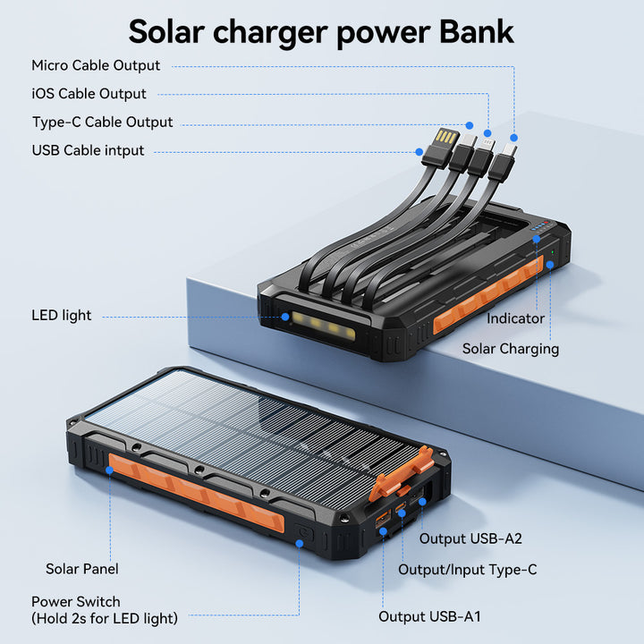 Solar Power Bank with Integrated Charging Cables and Robust Housing Bowlift