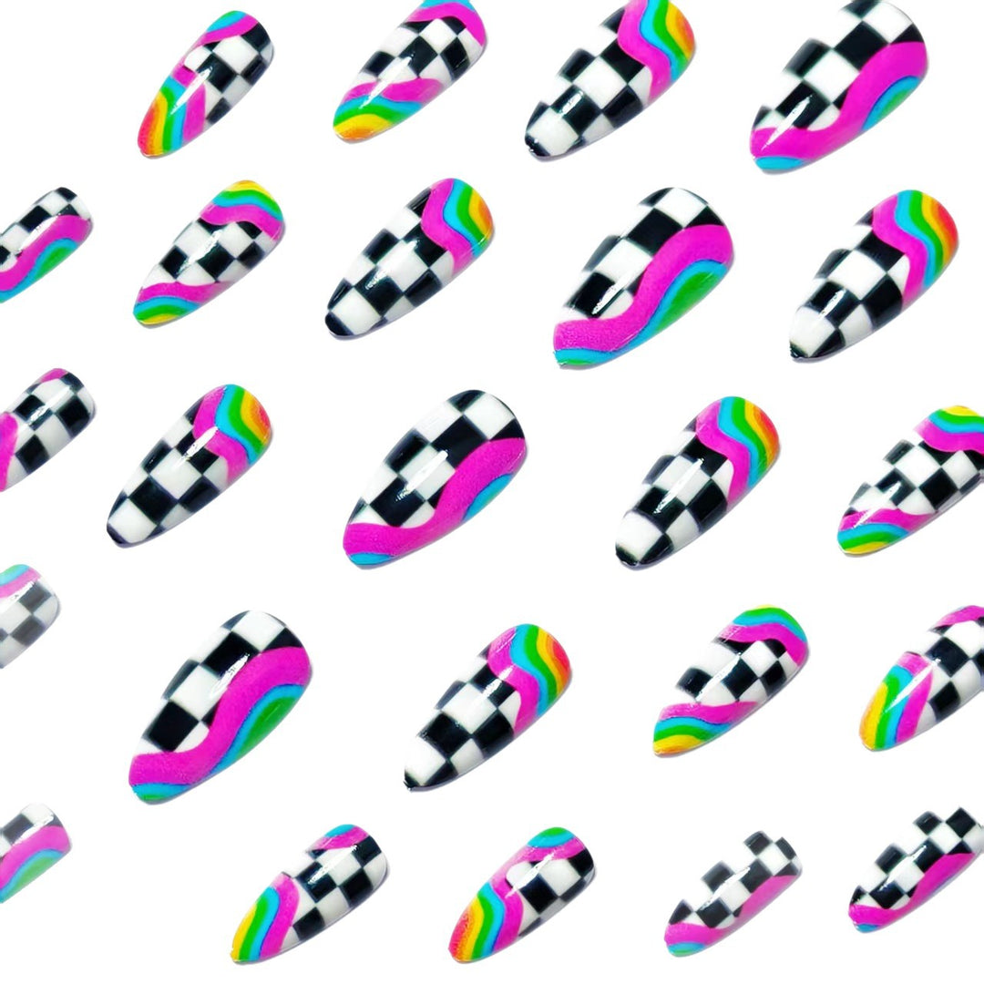 Creative artificial nails with colorful wave and checkerboard design Bowlift