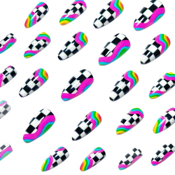 Creative artificial nails with colorful wave and checkerboard design Bowlift