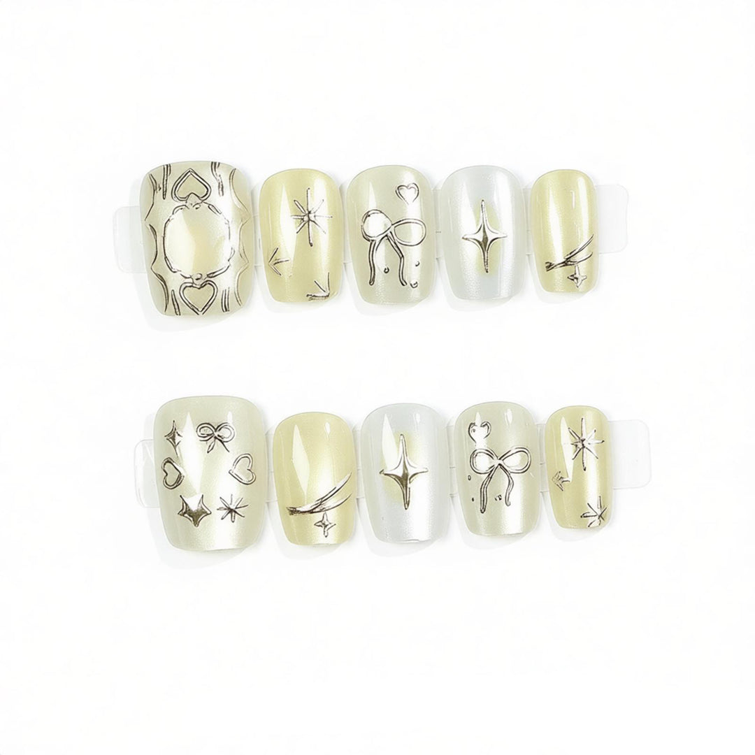 Creative Press-On Nail Art Set with Unique Silver Patterns Bowlift