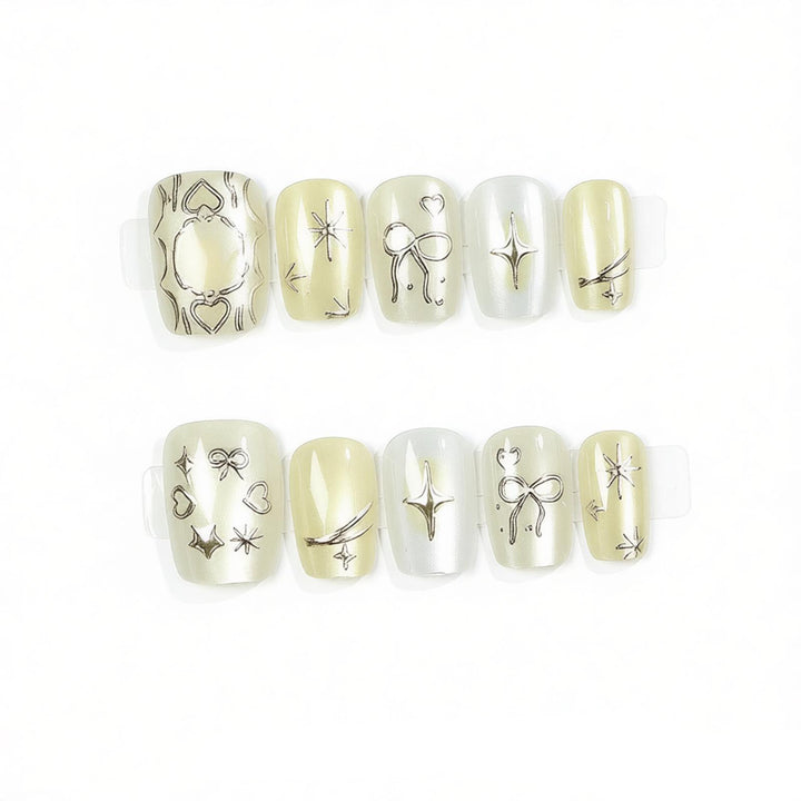 Creative Press-On Nail Art Set with Unique Silver Patterns Bowlift