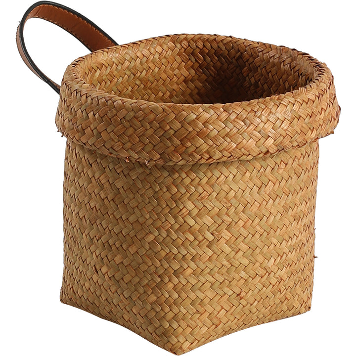Handwoven Natural Storage Bin with Leather Trim Bowlift