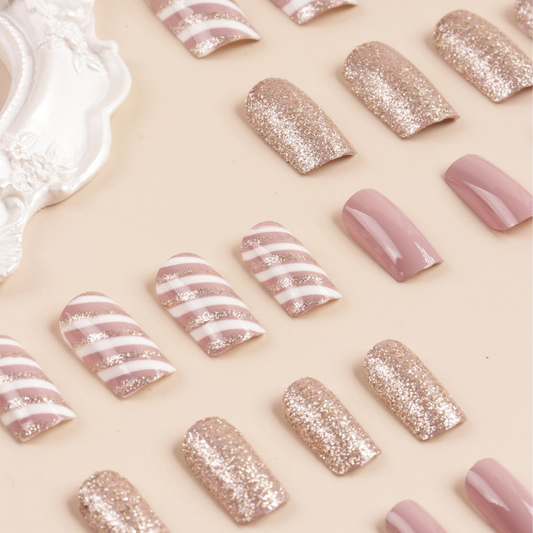 Glamorous Glitter and Striped Press-On Nail Art Bowlift