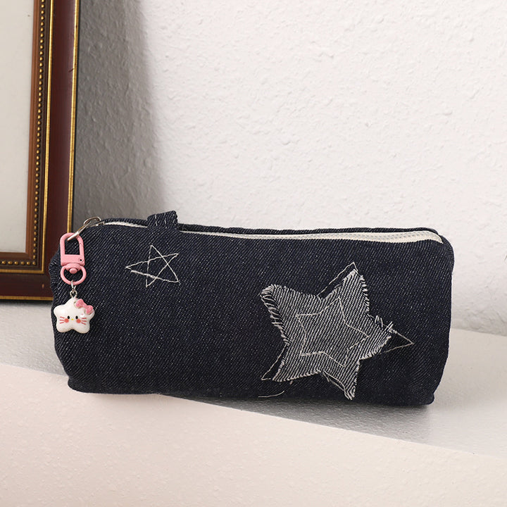 Denim Star-Appliqué Cylinder Pencil Case Makeup Pouch Bowlift