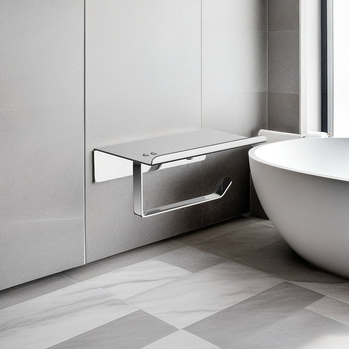 Wall-Mounted Toilet Paper Holder With Integrated Shelf And Phone Shelf