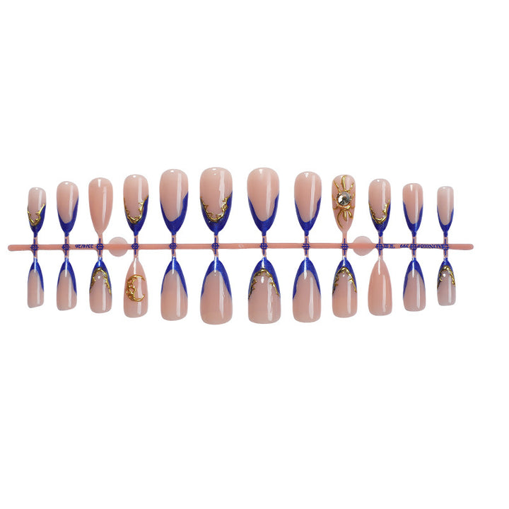 Premium Decorative Press-On Nail Set with Gold and Blue Accent Designs Bowlift