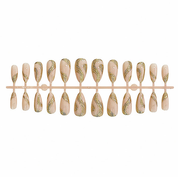 Artistic Press-On Nail Set with Gold Swirl Design Bowlift