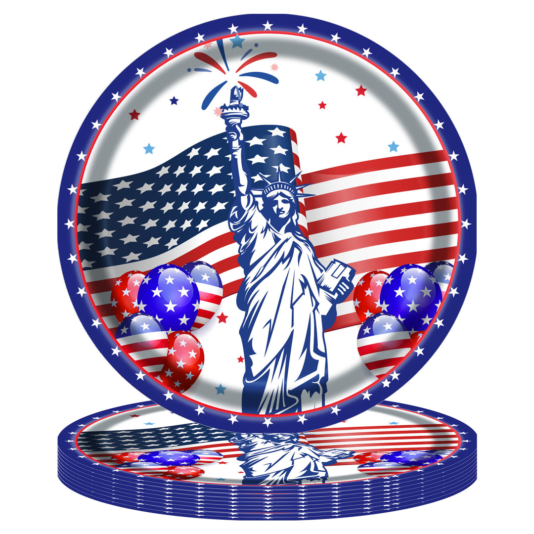 Unisex disposable paper plate with patriotic Statue of Liberty and stars and stripes design, sturdy wide rim Bowlift