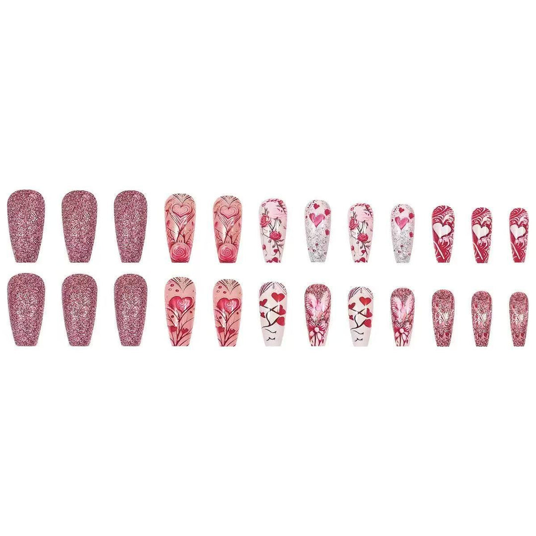 Artificial nail set with romantic heart and flower motifs Bowlift