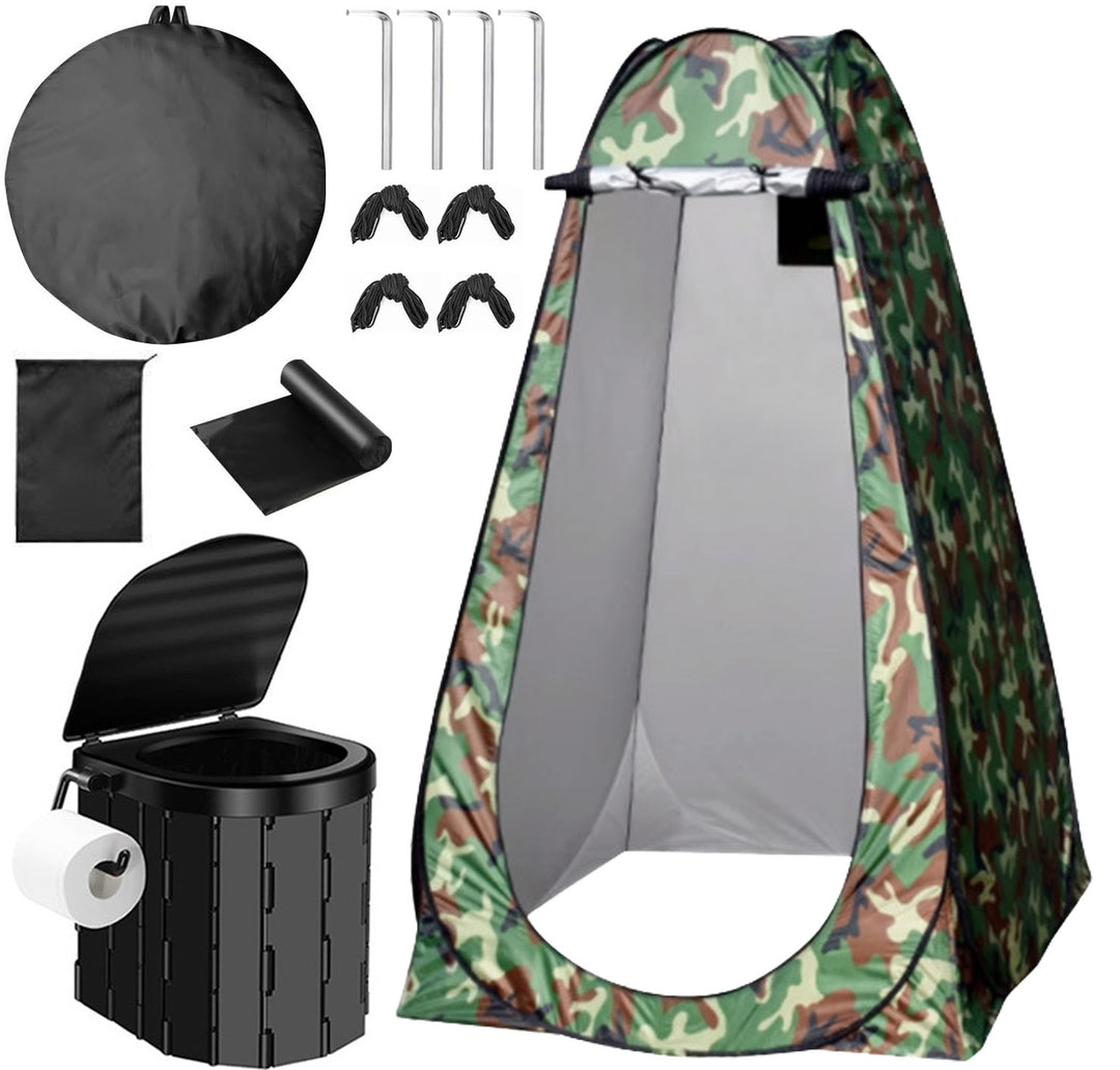 Portable pop-up privacy tent and collapsible camping toilet kit with full accessory set Bowlift