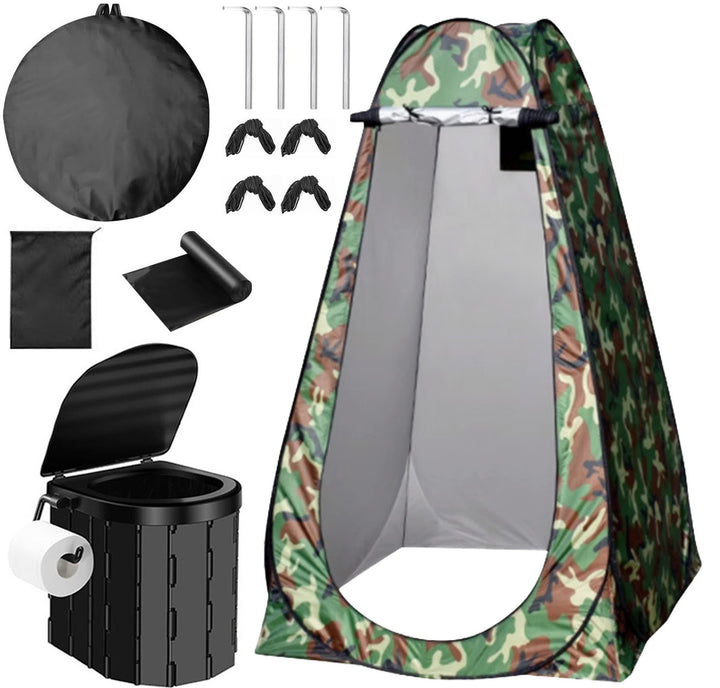 Portable pop-up privacy tent and collapsible camping toilet kit with full accessory set Bowlift