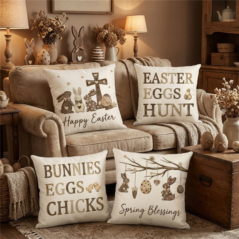 Linen-Blend Square Accent Pillow Cover with Large Easter 'Eggs Hunt' Printed Typography and Decorative Egg Motif