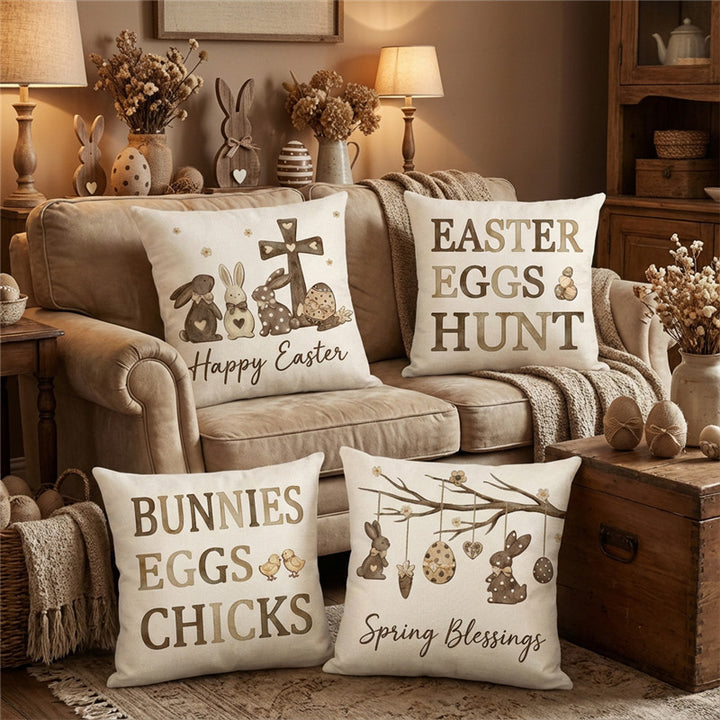 Linen-Blend Square Accent Pillow Cover with Large Easter 'Eggs Hunt' Printed Typography and Decorative Egg Motif