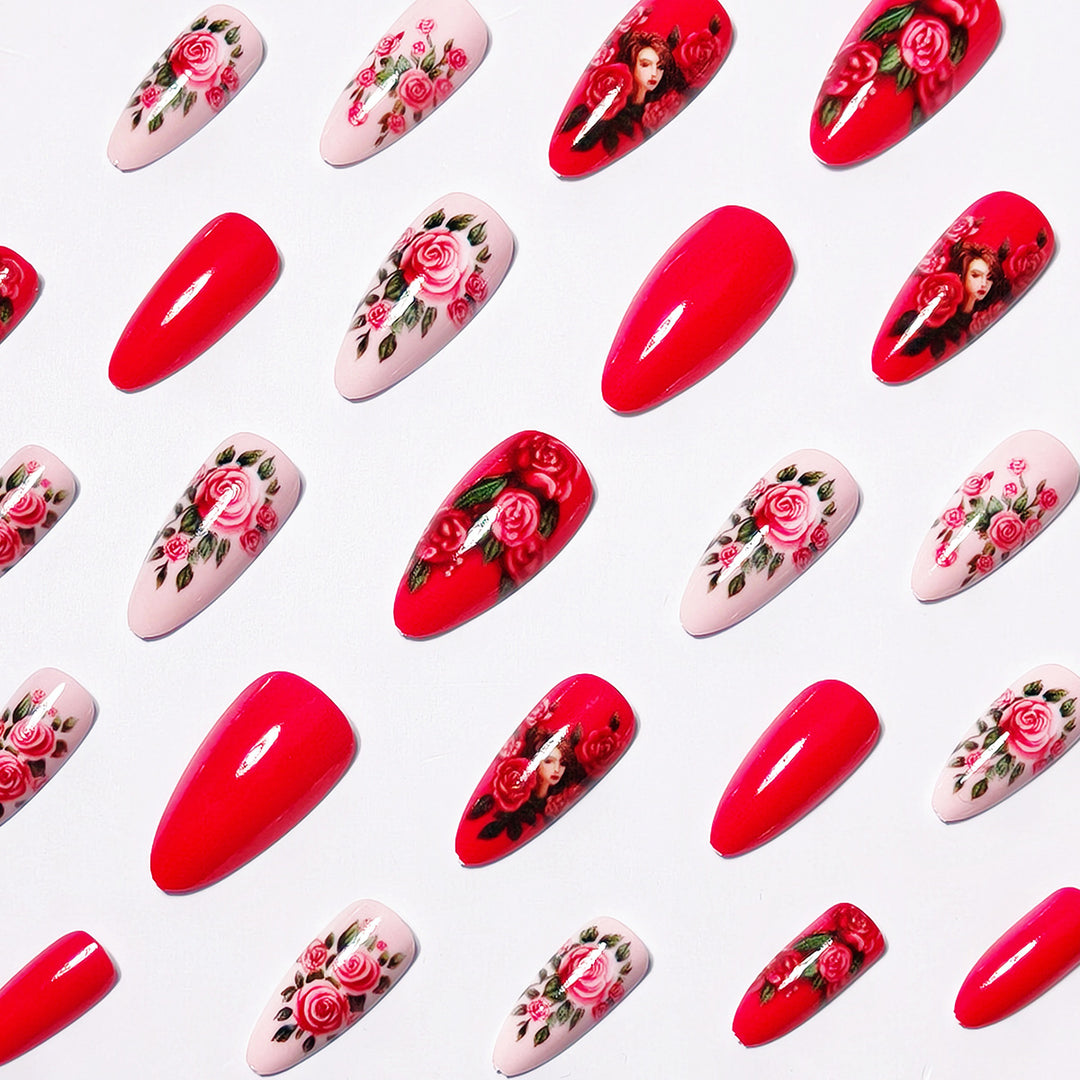 Creative Artificial Nails with Romantic Rose Design Bowlift