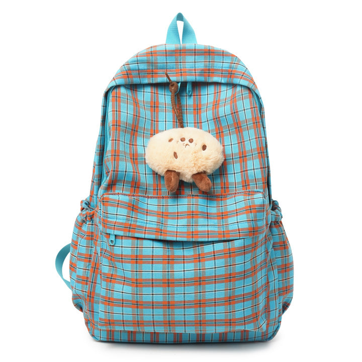 Backpack with Practical Check Pattern and Cute Plush Pendant Bowlift