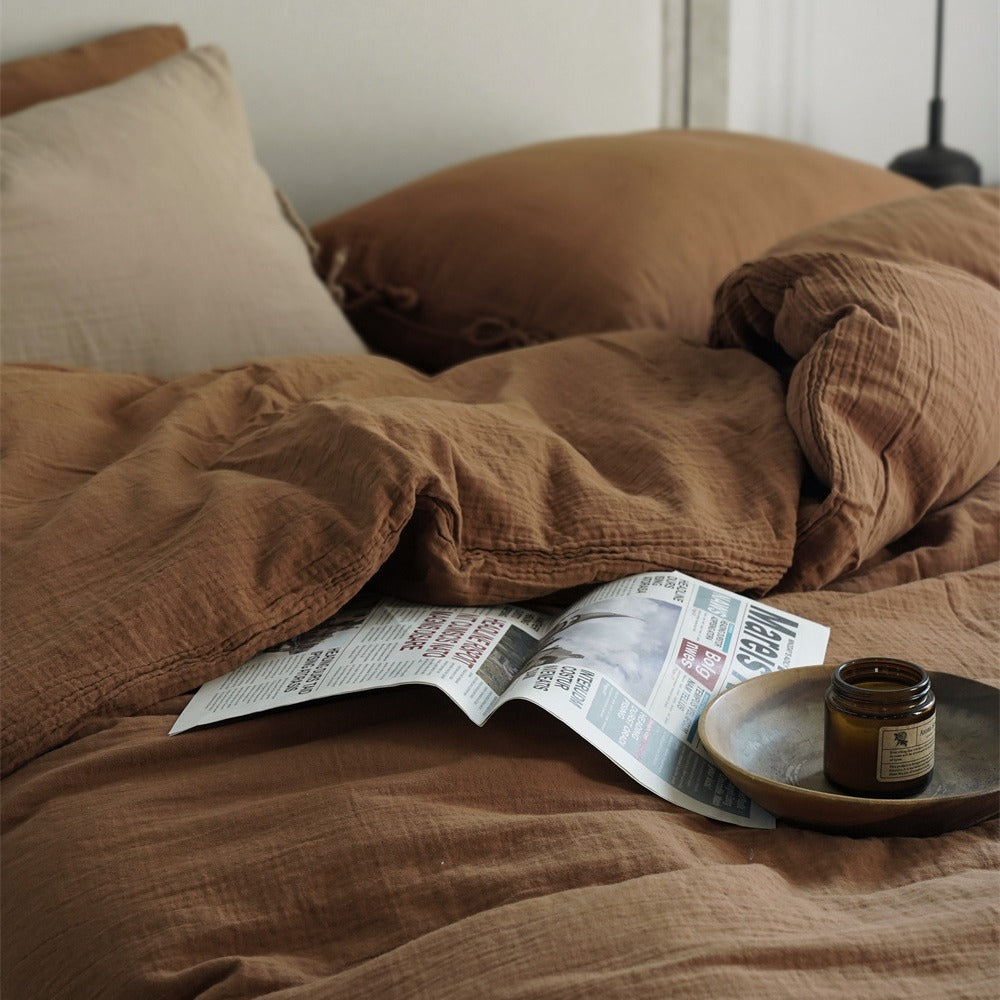 Natural linen bedding set with decorative ties and stonewashed texture