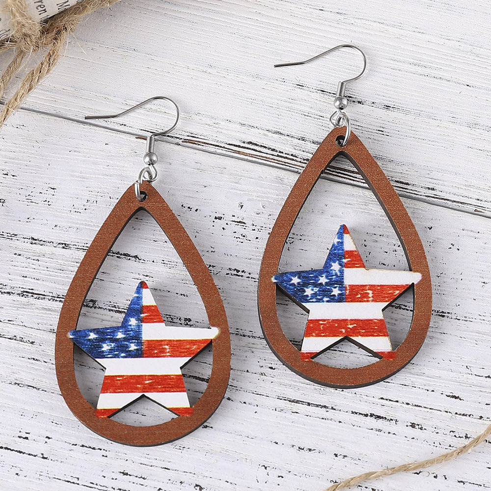 Women's nan patriotic teardrop wooden dangle earrings with star stripe cutout Bowlift