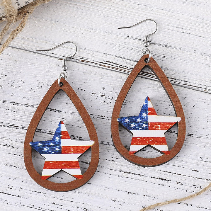 Ladies' nan teardrop-shaped wooden earrings with multi-layer star and stripe appliqué and nickel-free ear hooks Bowlift