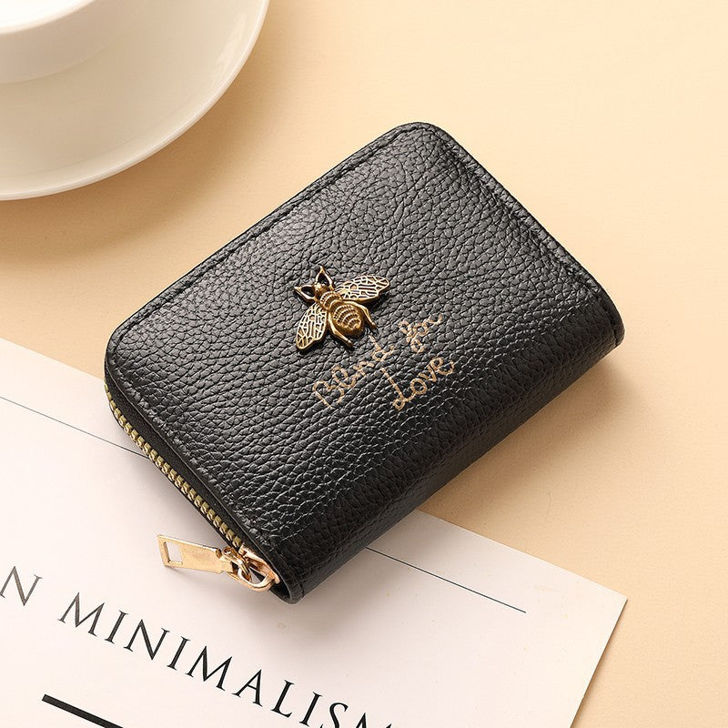 Designer Bee-Embellished Leather Zip-around Wallet Bowlift