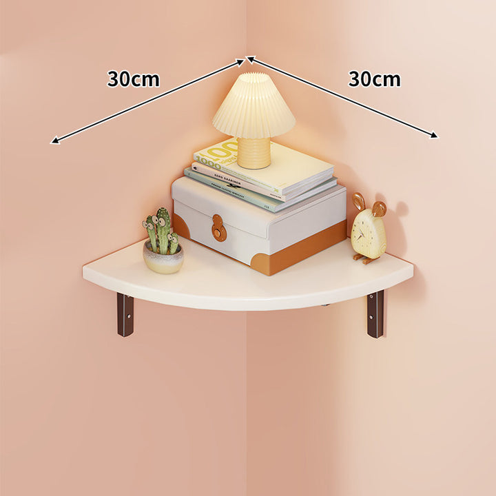 Corner Wall-Mounted Floating Shelf with Rounded Triangular Solid Wood Top and Metal Support Brackets