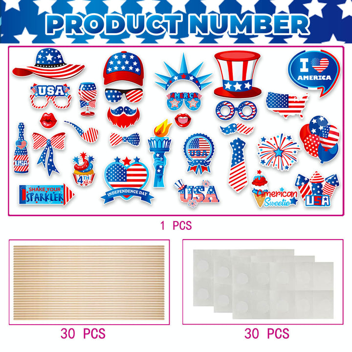 Independence Day Patriotic Photobooth Prop Sticker Kit with Wooden Sticks and Removable Adhesive Dots Bowlift
