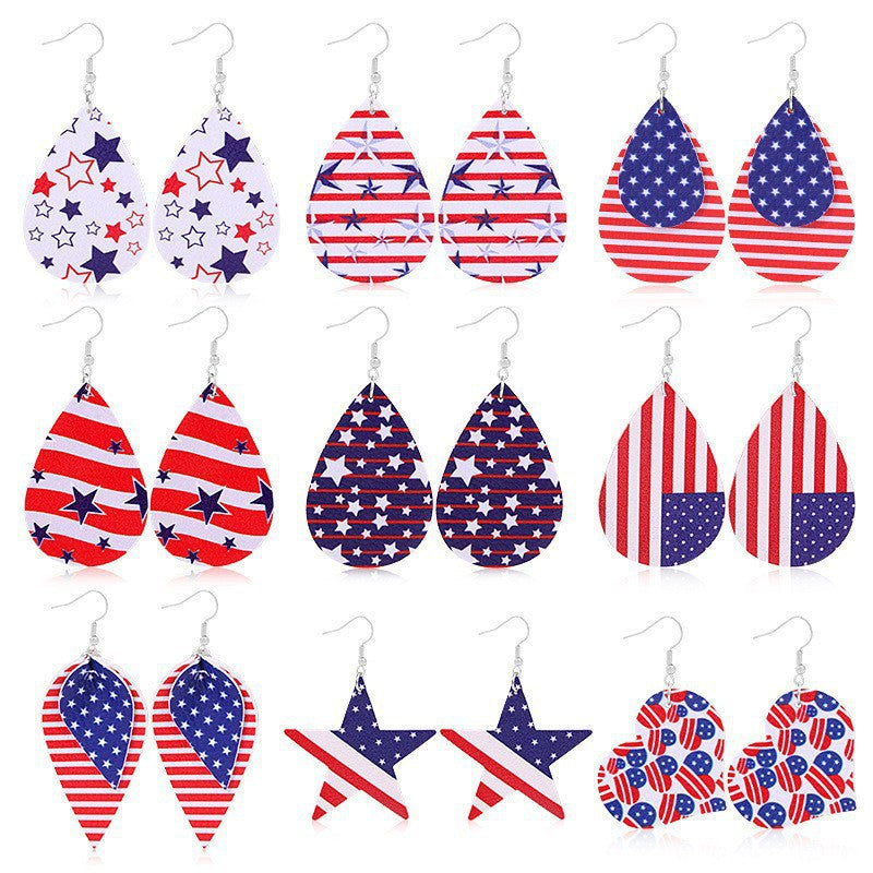 Women heart-shaped drop earrings with patriotic flag print and nickel-free hooks Bowlift