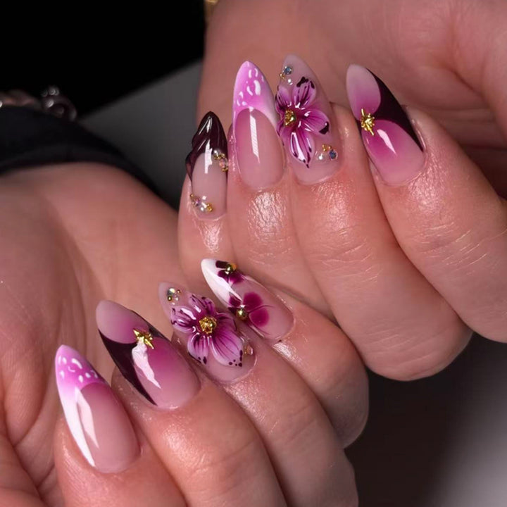 Artful Nail Extensions with Floral Accents Bowlift