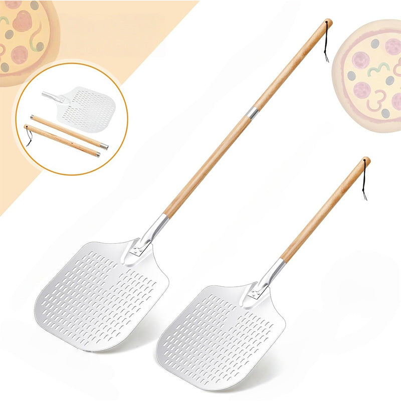 long-handled perforated pizza peel set with wooden handle stainless steel cutter and triangle server Bowlift