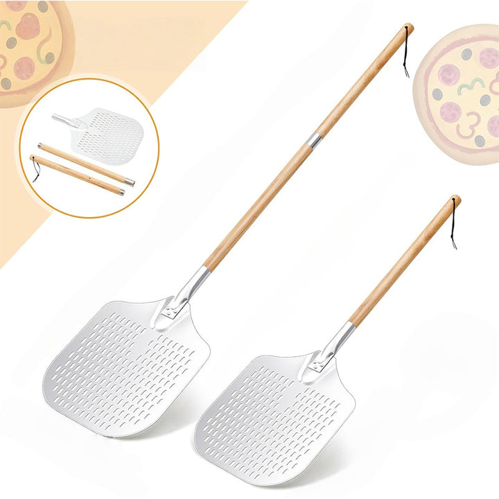 long-handled perforated pizza peel set with wooden handle stainless steel cutter and triangle server Bowlift