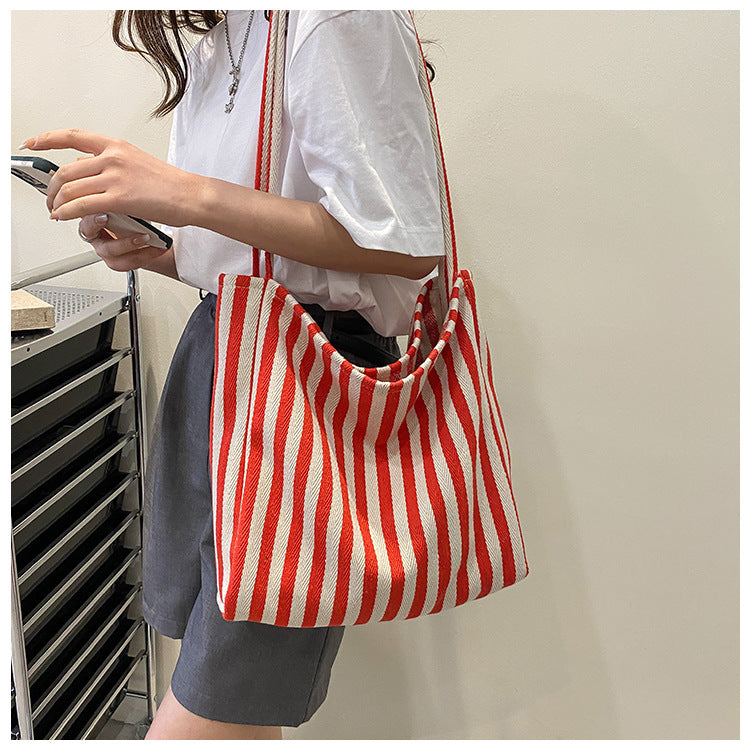 Striped Canvas Shoulder Tote Bag