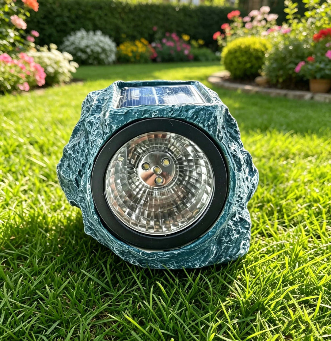 Solar-Powered LED Faux-Rock Garden Spotlight With Integrated Solar Panel And Weatherproof Textured Resin Housing Bowlift