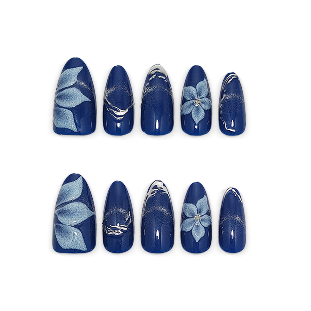 Acrylic Nail Set with Elegant Blue Ombre and Floral Design Bowlift