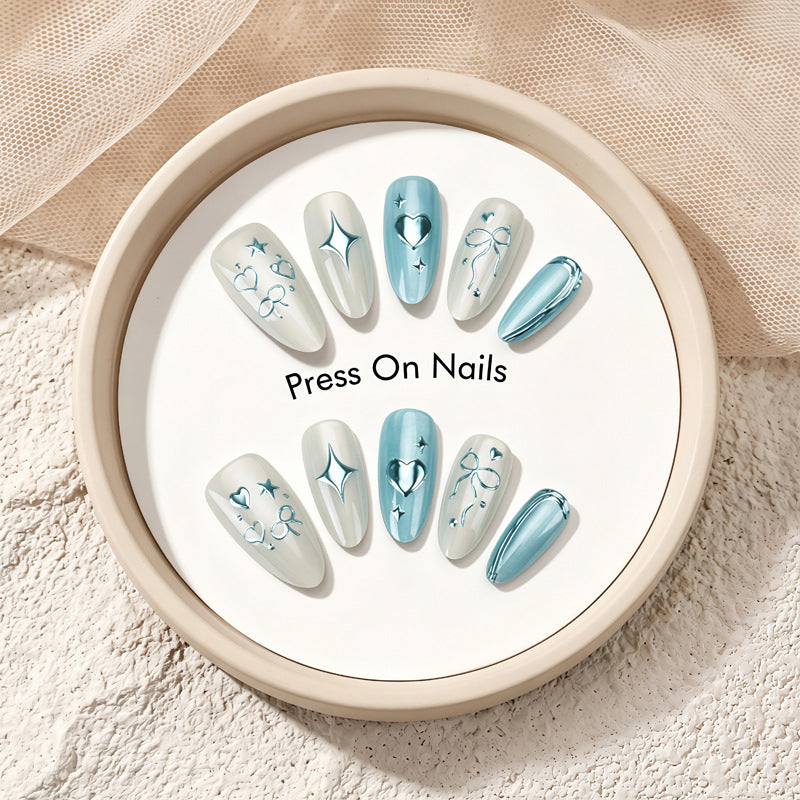 Artistic Press-On Nail Set with Heart and Star Designs Bowlift