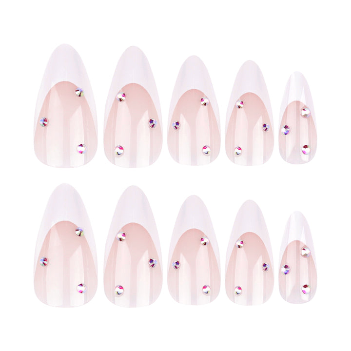 Elegant French Nail Art with Rhinestone Decorations Bowlift