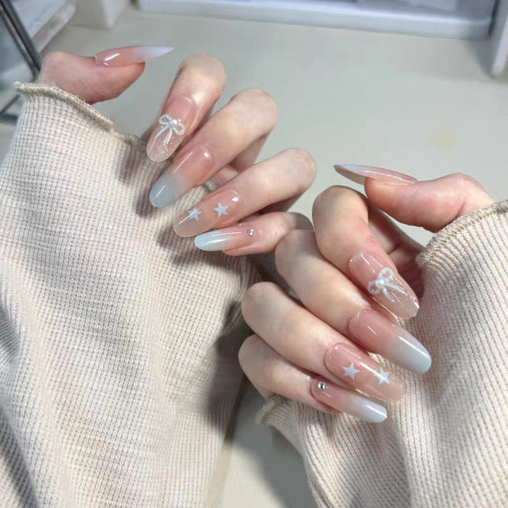 Decorative Press-On Nail Art Set with Bow and Gradient Details Bowlift