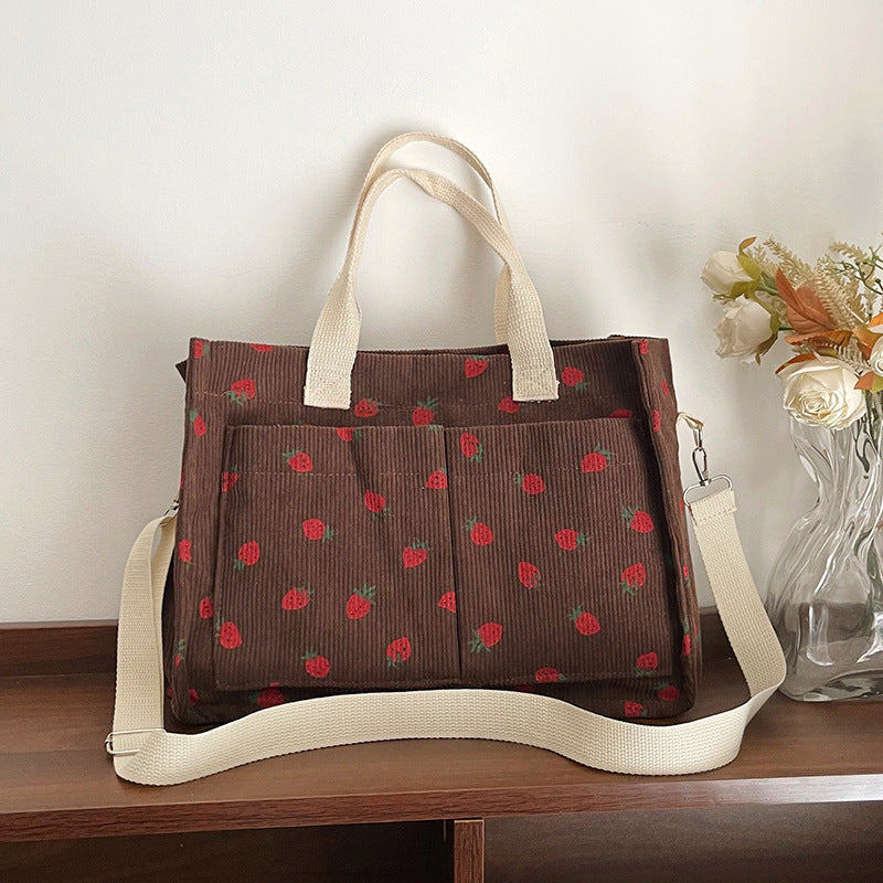 WoStylish Multi-Pocket Strawberry Print Canvas Tote Bag Bowlift