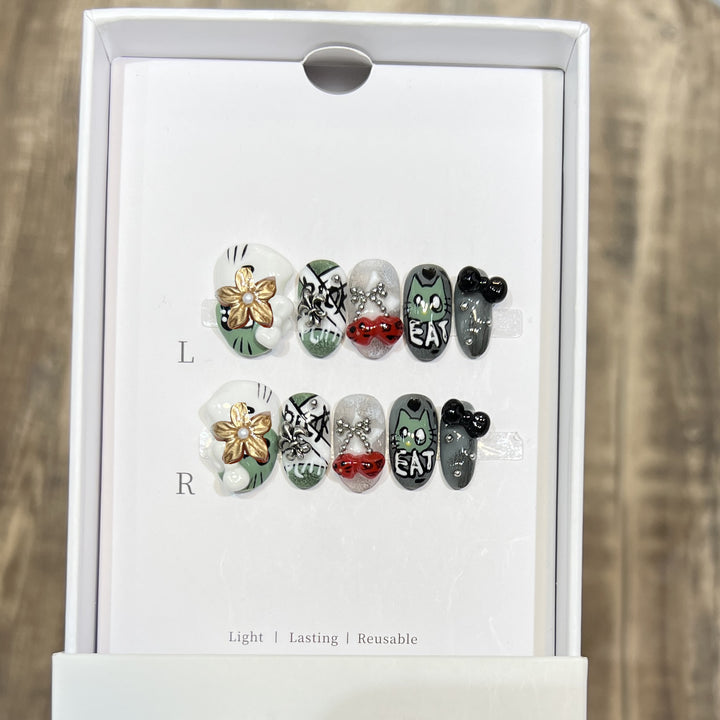 Playful Character Design Press-On Nail Art Set Bowlift