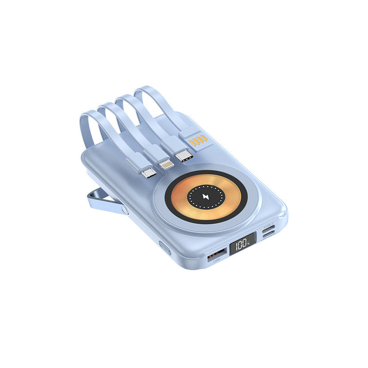 Compact power bank with integrated charging cable and wireless charging function Bowlift