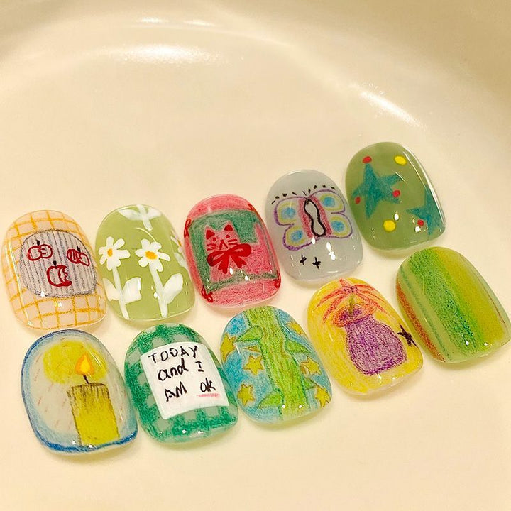 Artistic Cat-Themed Press-On Nail Art Set Bowlift