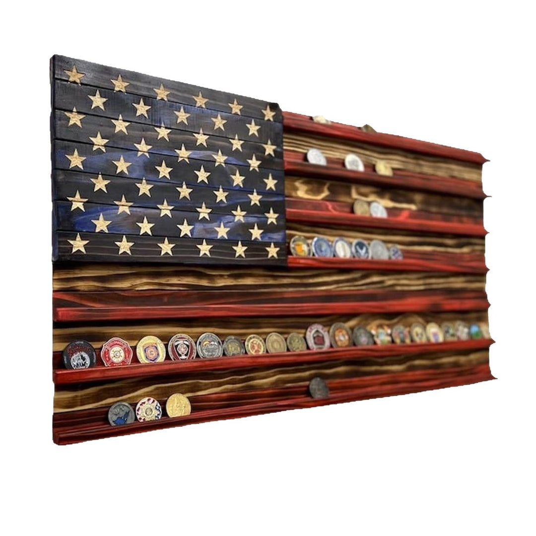 Unisex nan wall showcase for challenge coins in flag design made of rustic solid wood Bowlift
