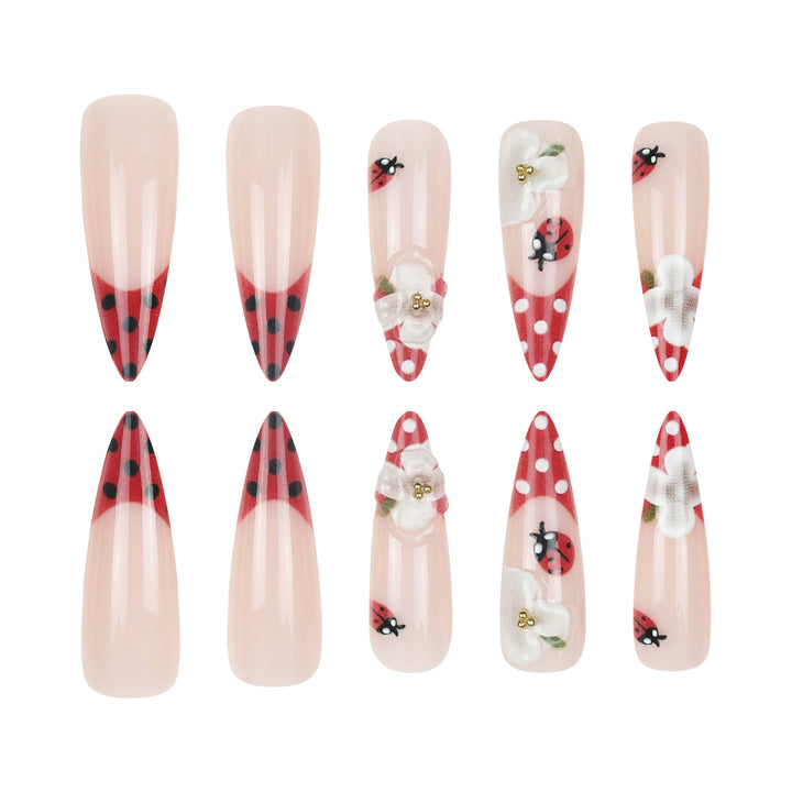 Artistic Press-On Nails with Floral and Polka Dot Design Bowlift